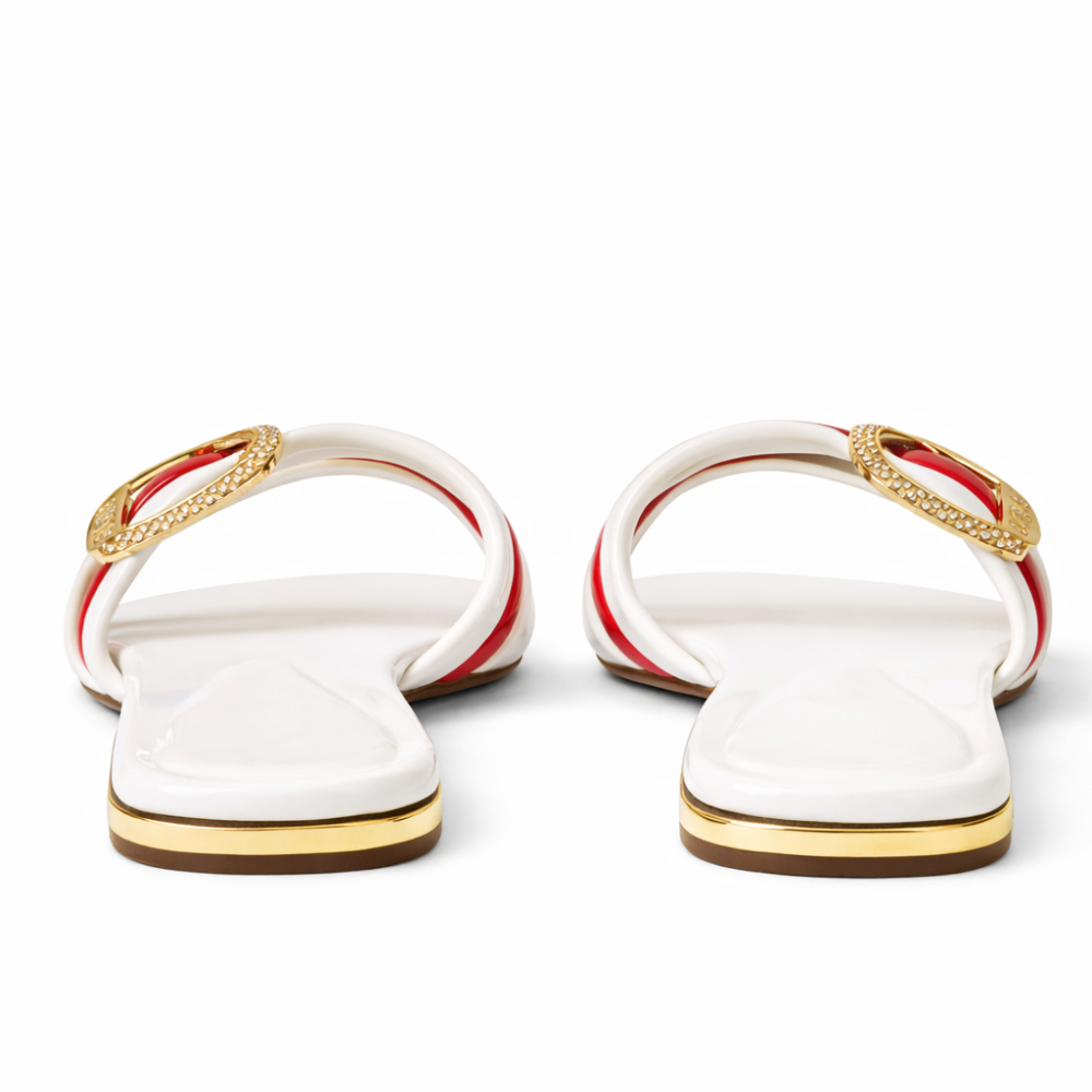 White Flat Slide Sandals with Red Accent Strap and Gold Buckle