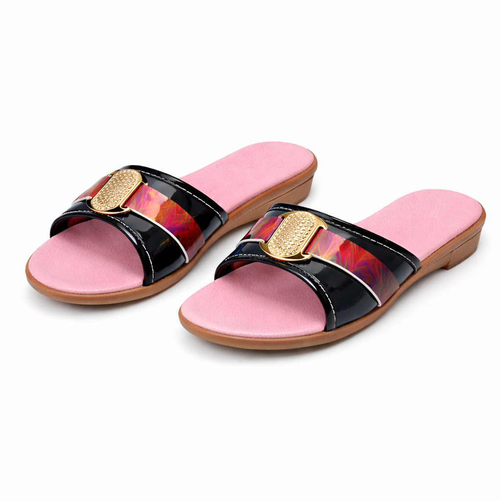 Women Open Toe Slip On Flat Sandals with Decorative Strap