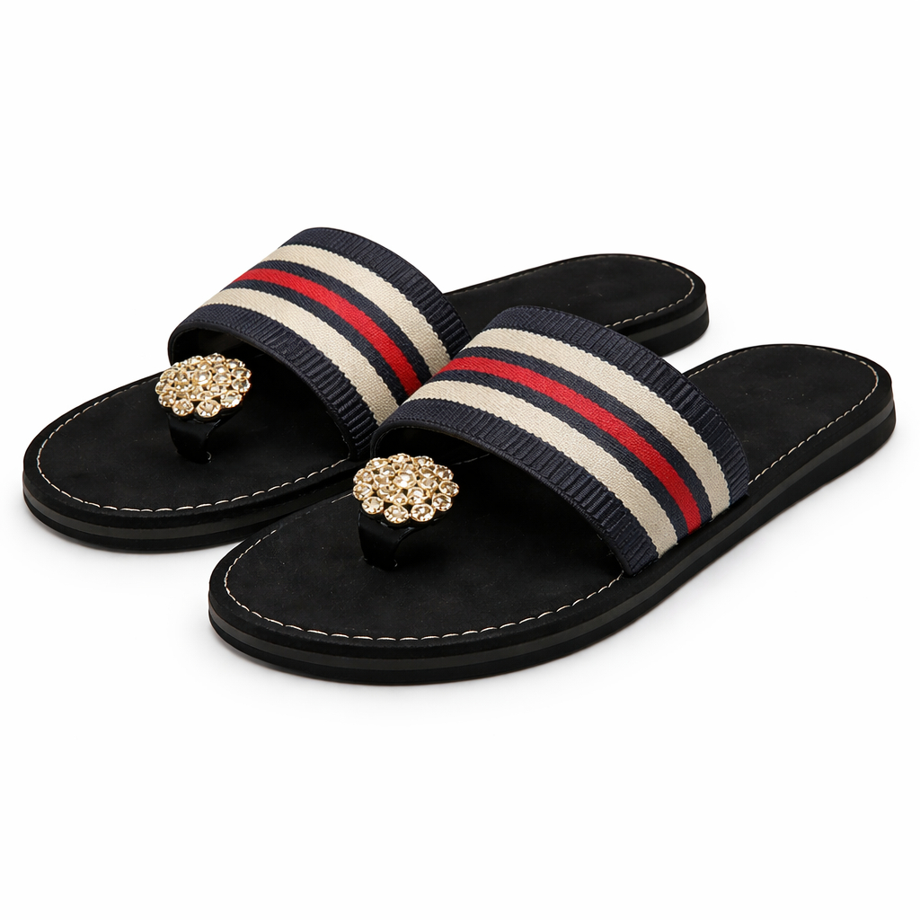 Women Slip On Flat Slide Sandal with Decorative Toe Accent