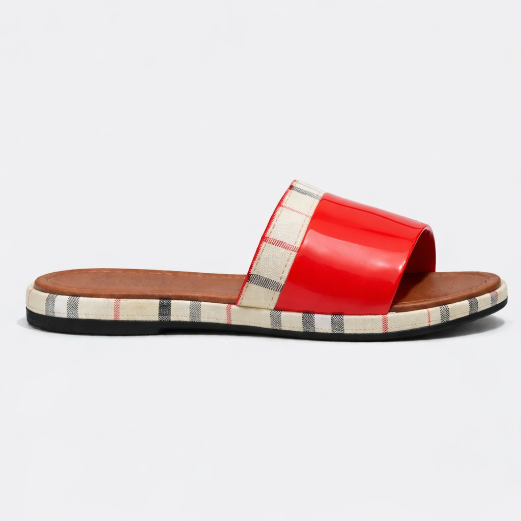 Women Flat Slide Sandals with Plaid Trim