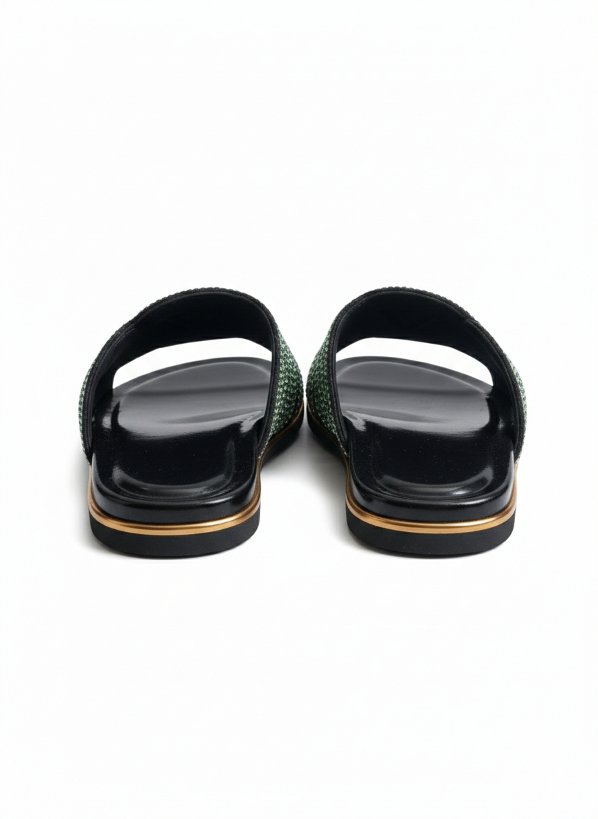 Embellished Flat Slide Sandals with Green and Silver Rhinestone Detail