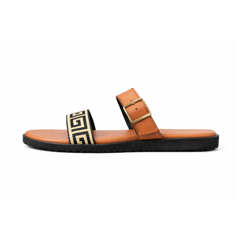 Womens Flat Sandals with Patterned Fabric Strap and Back Support