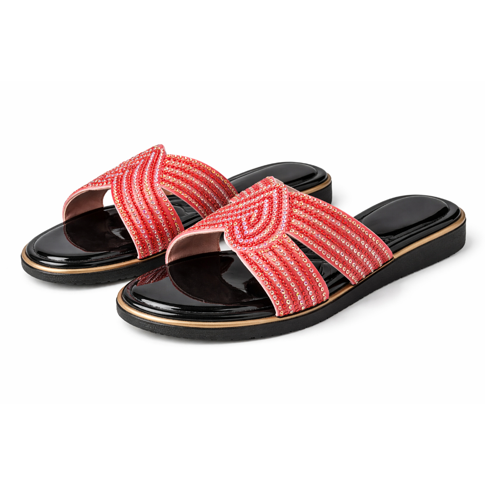 Women Flat Slide Sandals with Red Crystal Embellished Cross Strap