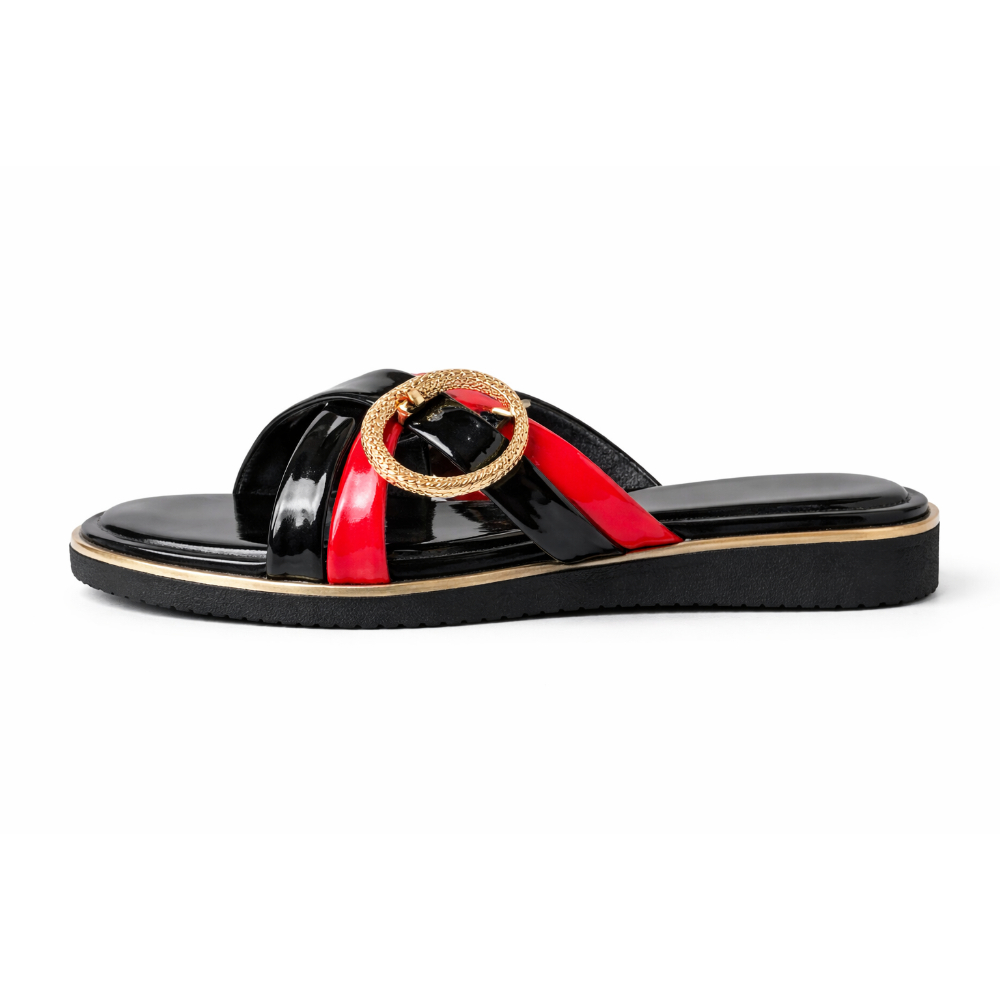 Women Flat Slide Sandals with Golden Buckle Detail