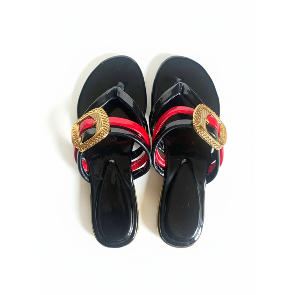 Women Flat Slide Sandals with Golden Buckle Detail