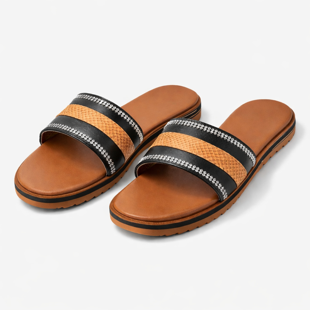 Women Black and Brown Double Strap Slide Sandals