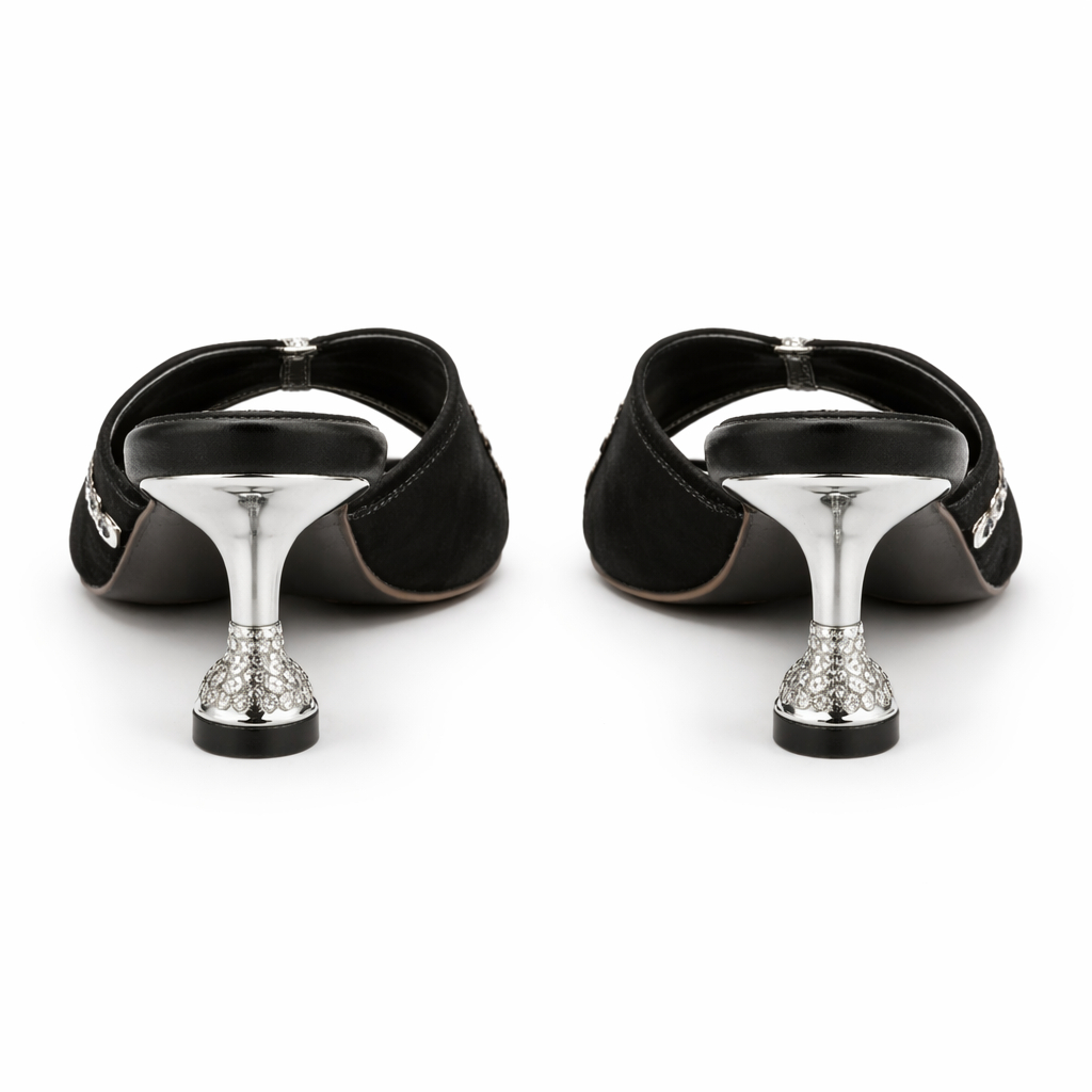 Women Black Slip On Sandal with Gold Buckle and Chain Embellishment