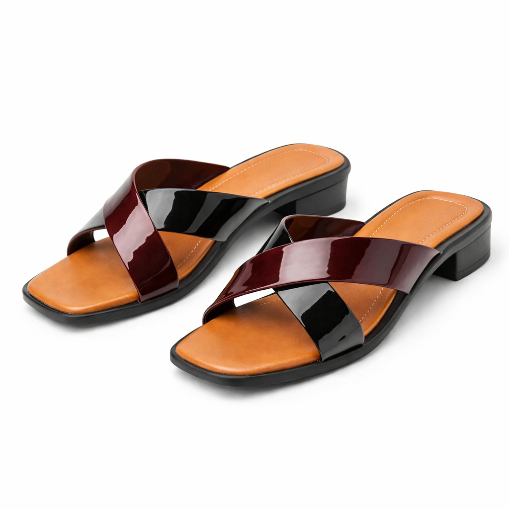 Women Glossy Cross Strap Flat Slide Sandals