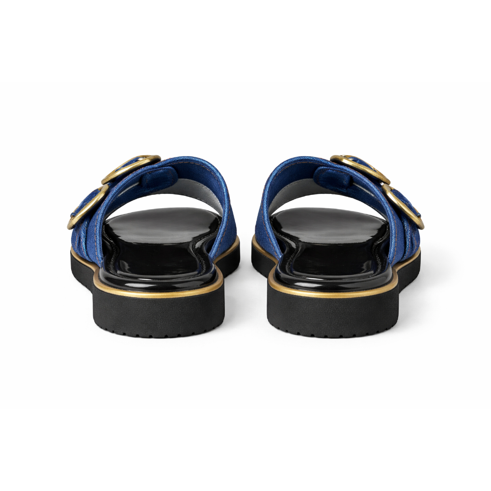 Women Denim Flat Slide Sandals with Dual Buckle Straps