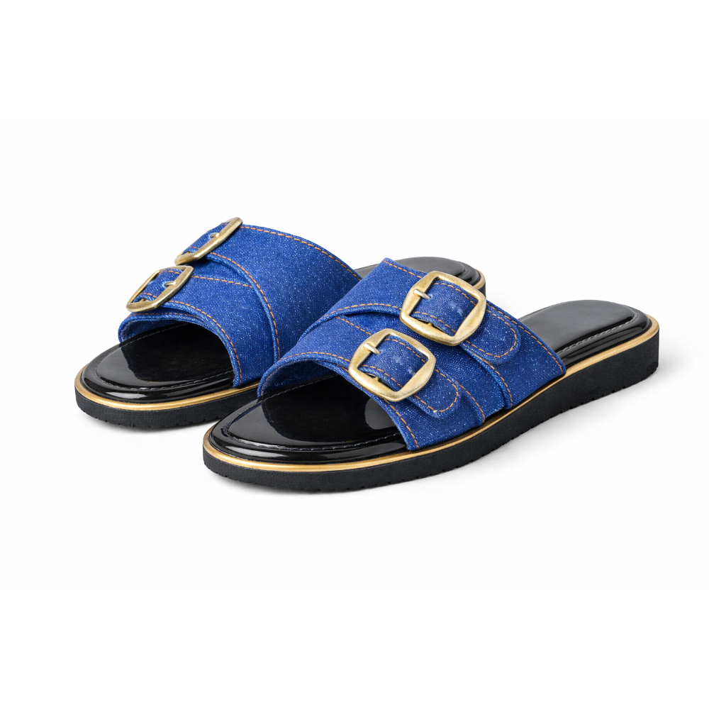 Women Denim Flat Slide Sandals with Dual Buckle Straps