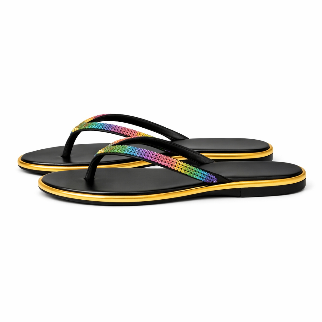 Womens Rhinestone Flip Flop Slippers with Gold Trim Sole