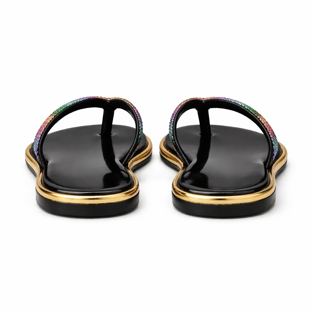 Womens Rhinestone Flip Flop Slippers with Gold Trim Sole