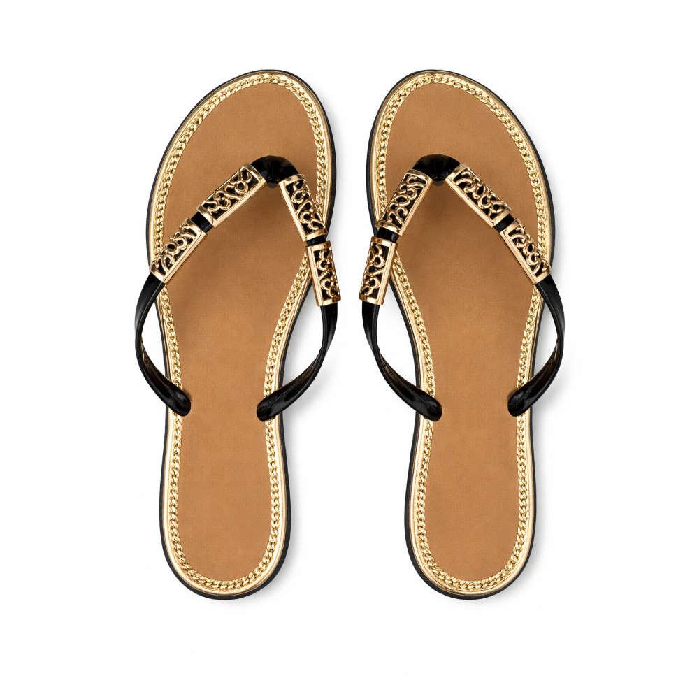 Quality Women Brown Flat Flip Flops with Gold Strap Detailing