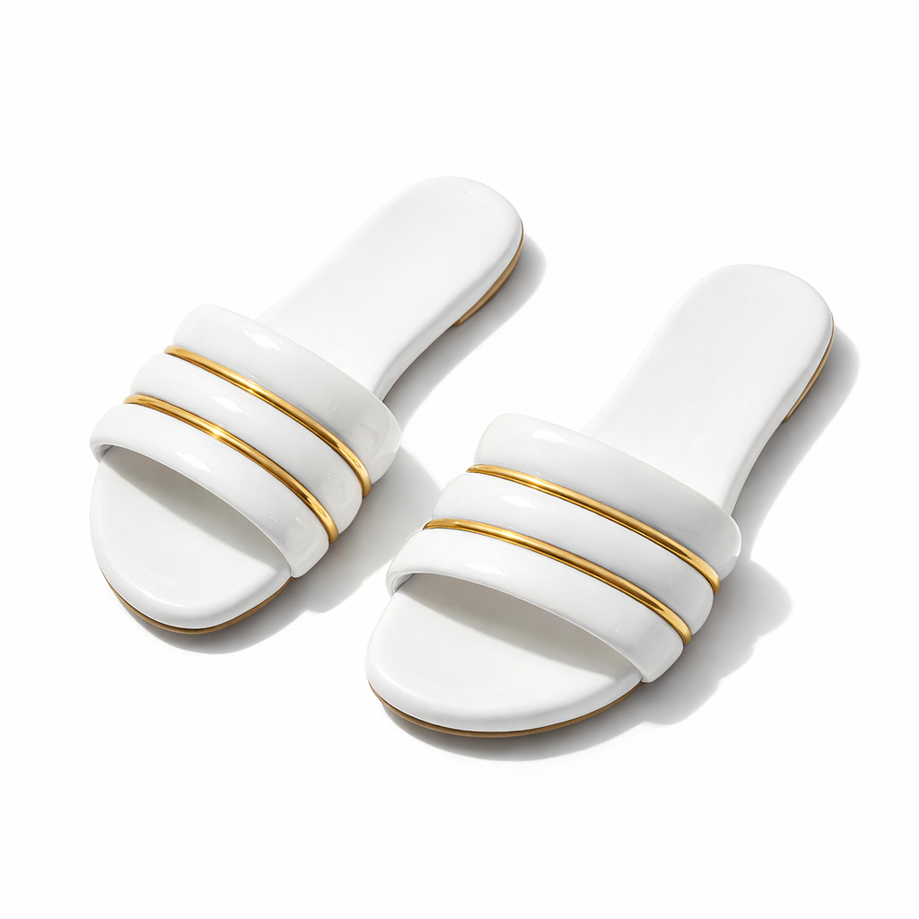 Glossy Triple Straped Flat Slide Sandals