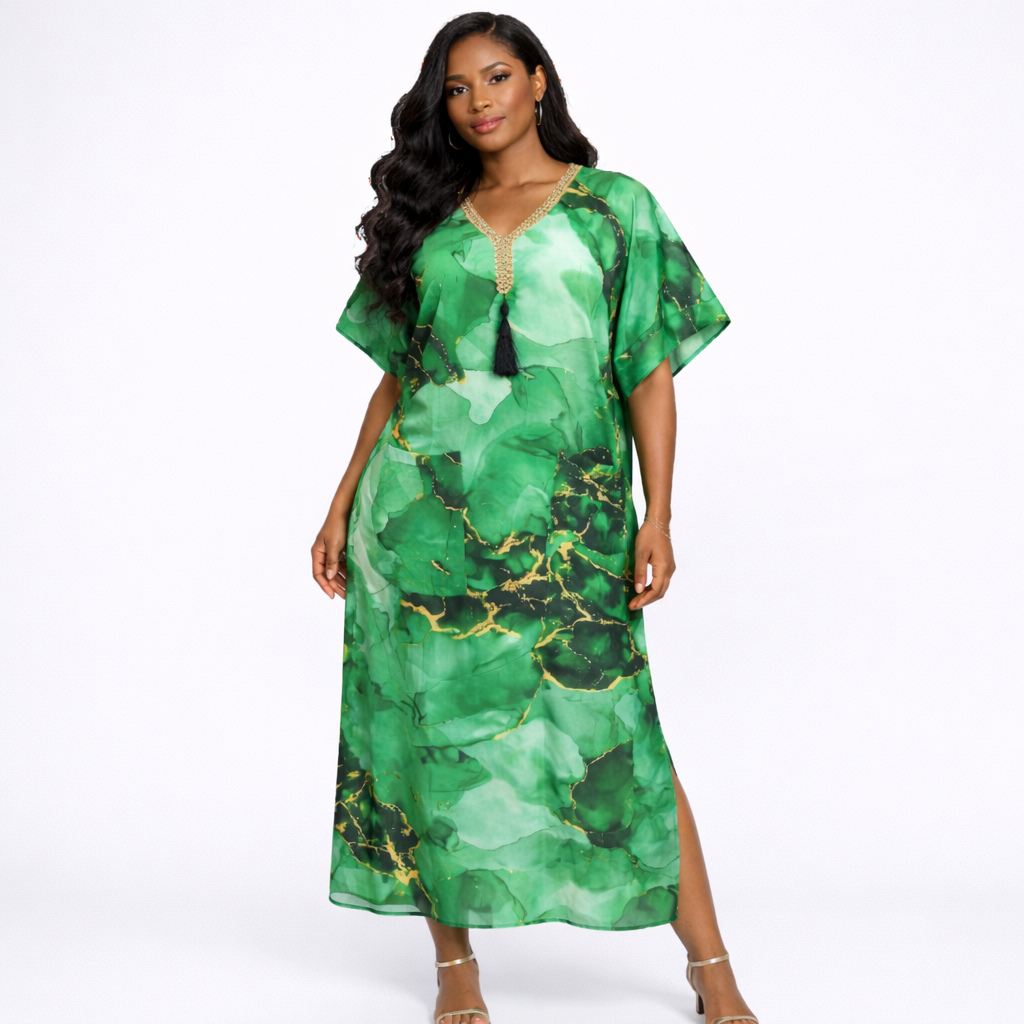 Green Patterned Short Sleeve Dress with V Neck Tassel