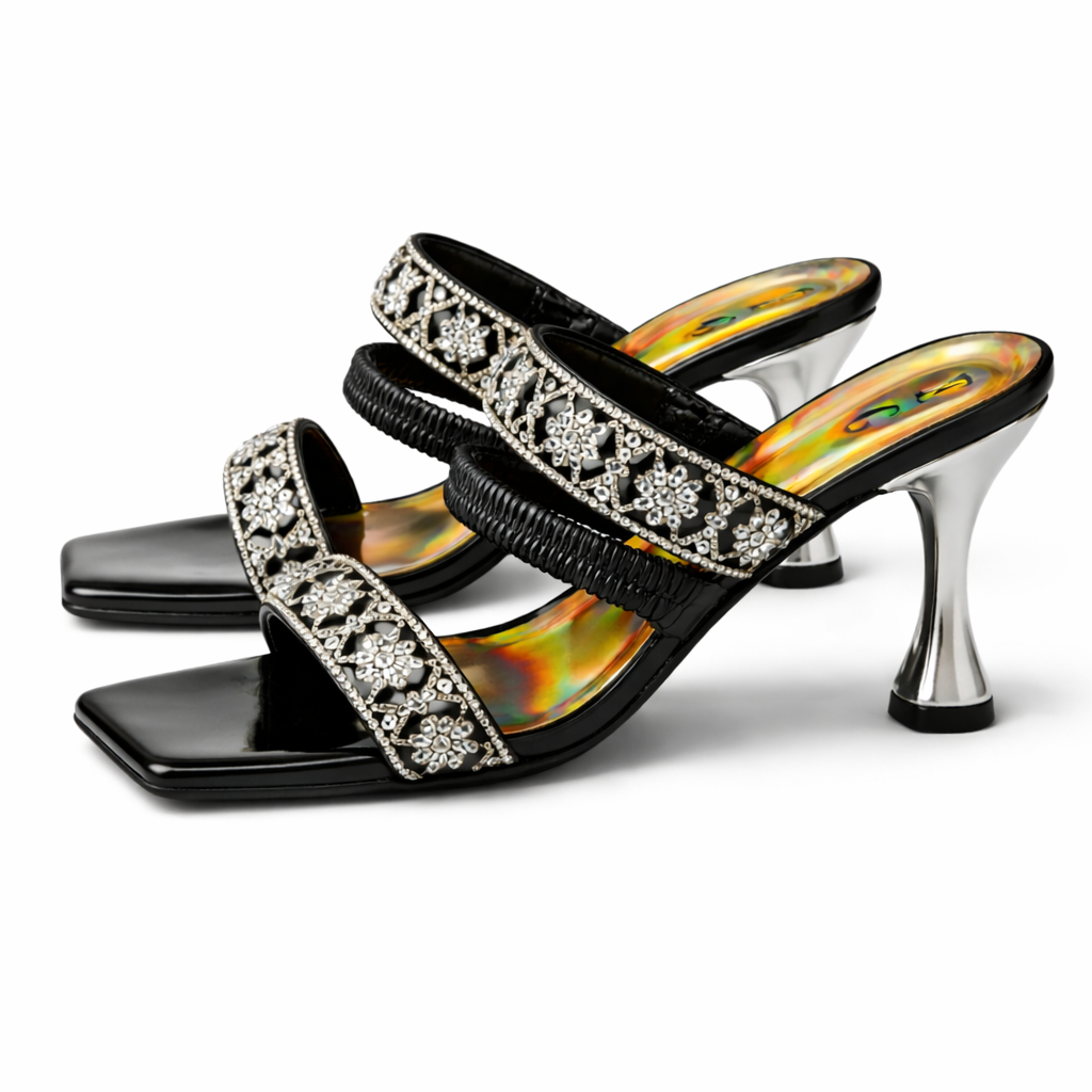 Rhinestone Double Strap Heeled Sandals with Elastic Support