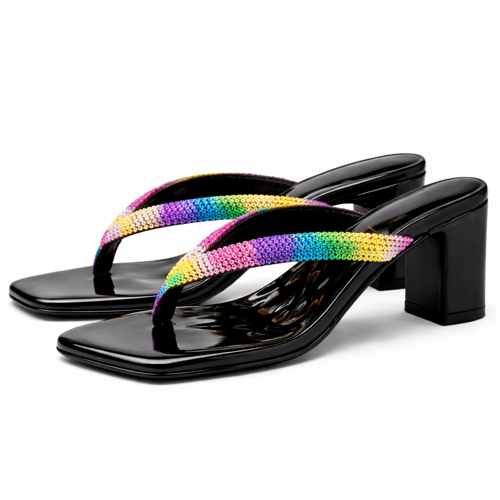 Rainbow Rhinestone Strap SlipOn Heeled Sandals for Women