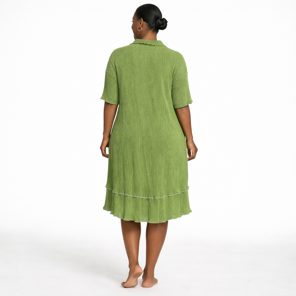 Pleated Button Front Short Sleeve Shirt Dress