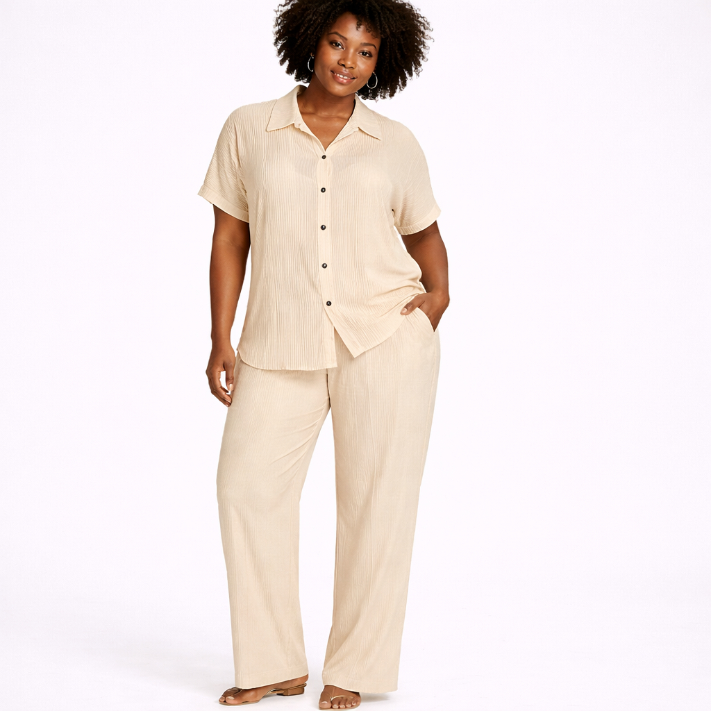 Women Relaxed Button Top and Wide Leg Trouser Set
