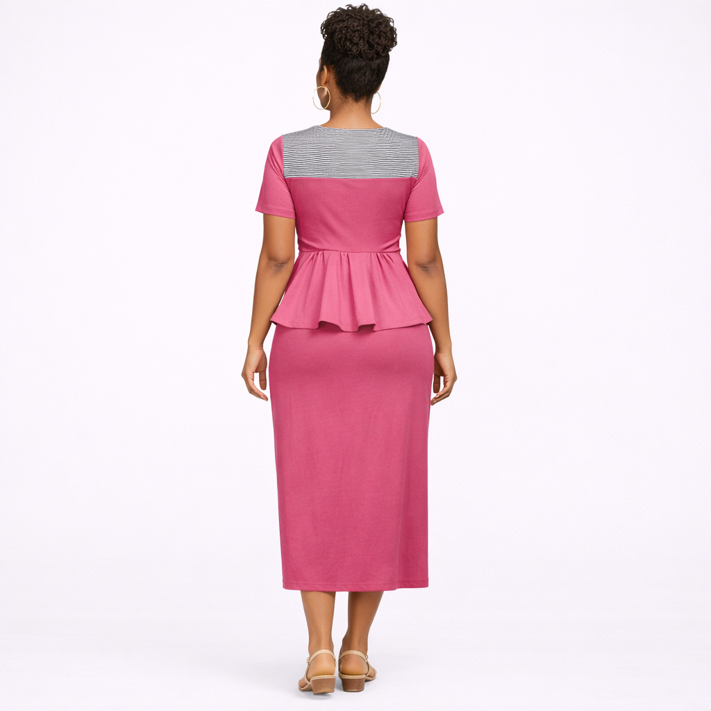 Women Short Sleeve Peplum Detail Midi Dress