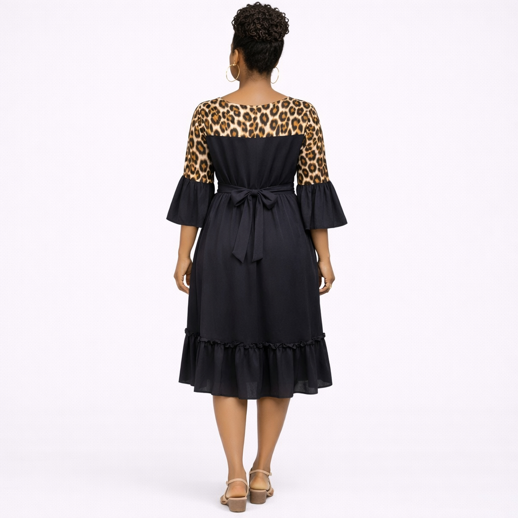 Decorative Front Trim Midi Dress with Flared Sleeves