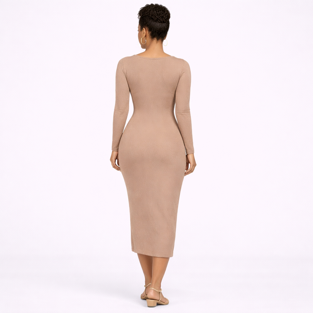 Women Long Sleeve Ribbed Bodycon Midi Dress