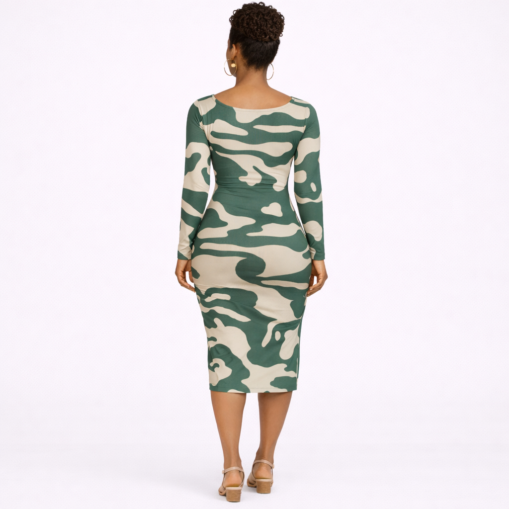women Camouflage Print Long Sleeve Bodycon Dress