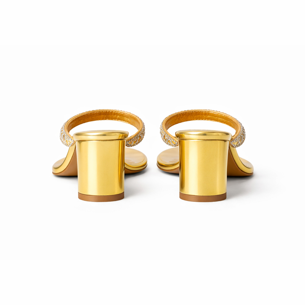 Gold Rhinestone Heeled Slippers for Women