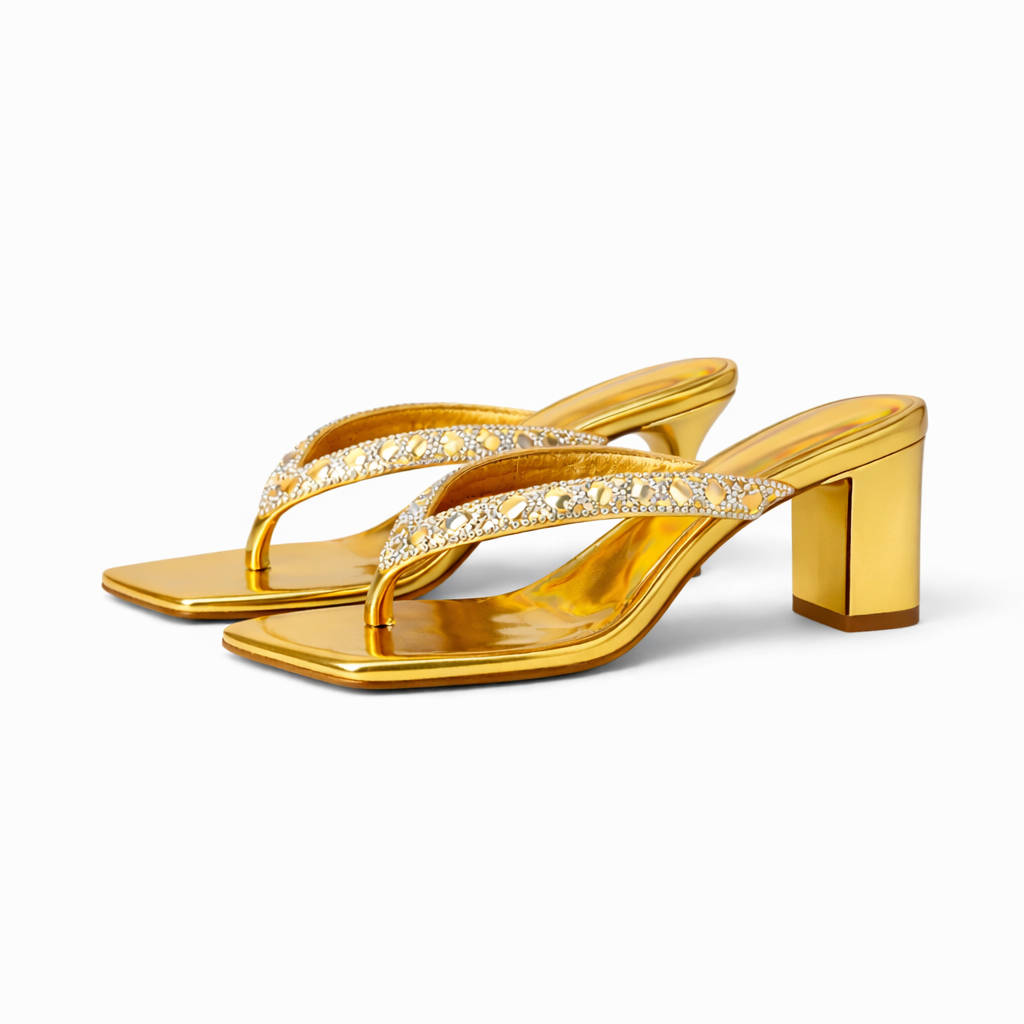 Gold Rhinestone Heeled Slippers for Women