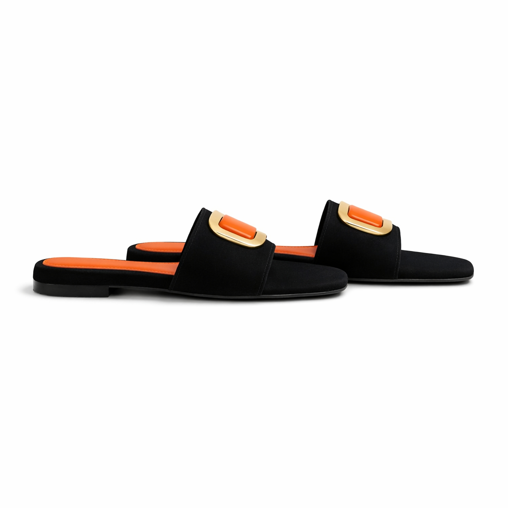 Womens orange and black Buckle Flat Slide Sandals