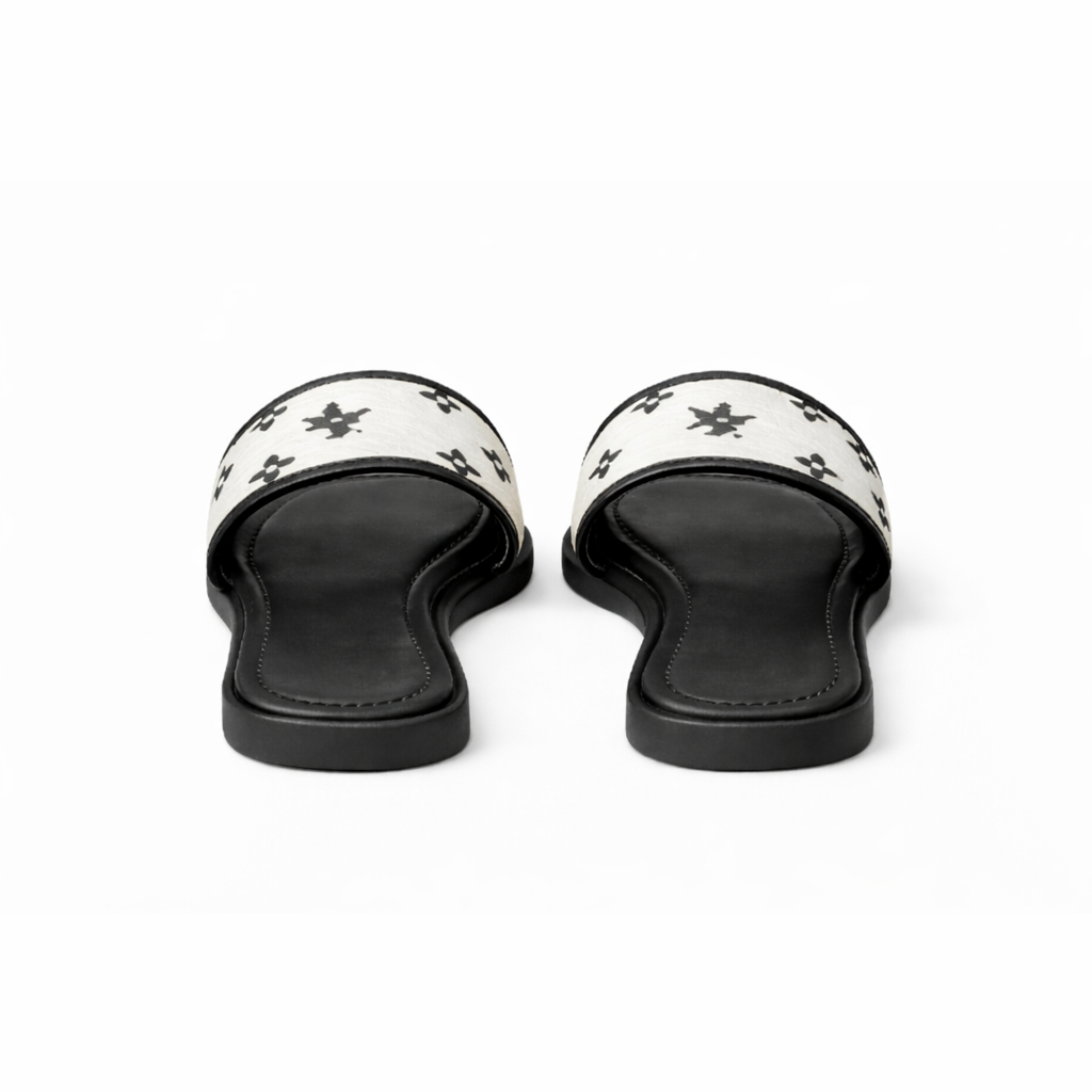 Women Monochrome Flat Slide Sandals with Black and White strap