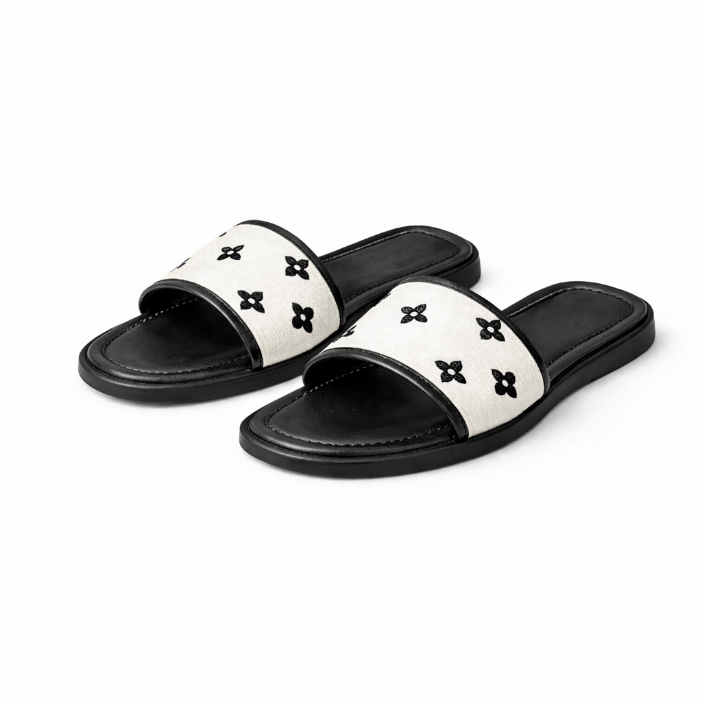Women Monochrome Flat Slide Sandals with Black and White strap