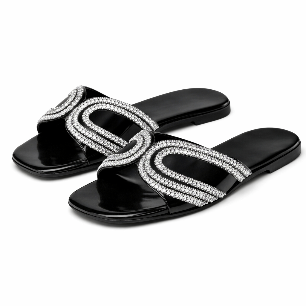 Women silver Rhinestone Strap Flat Slide Sandal