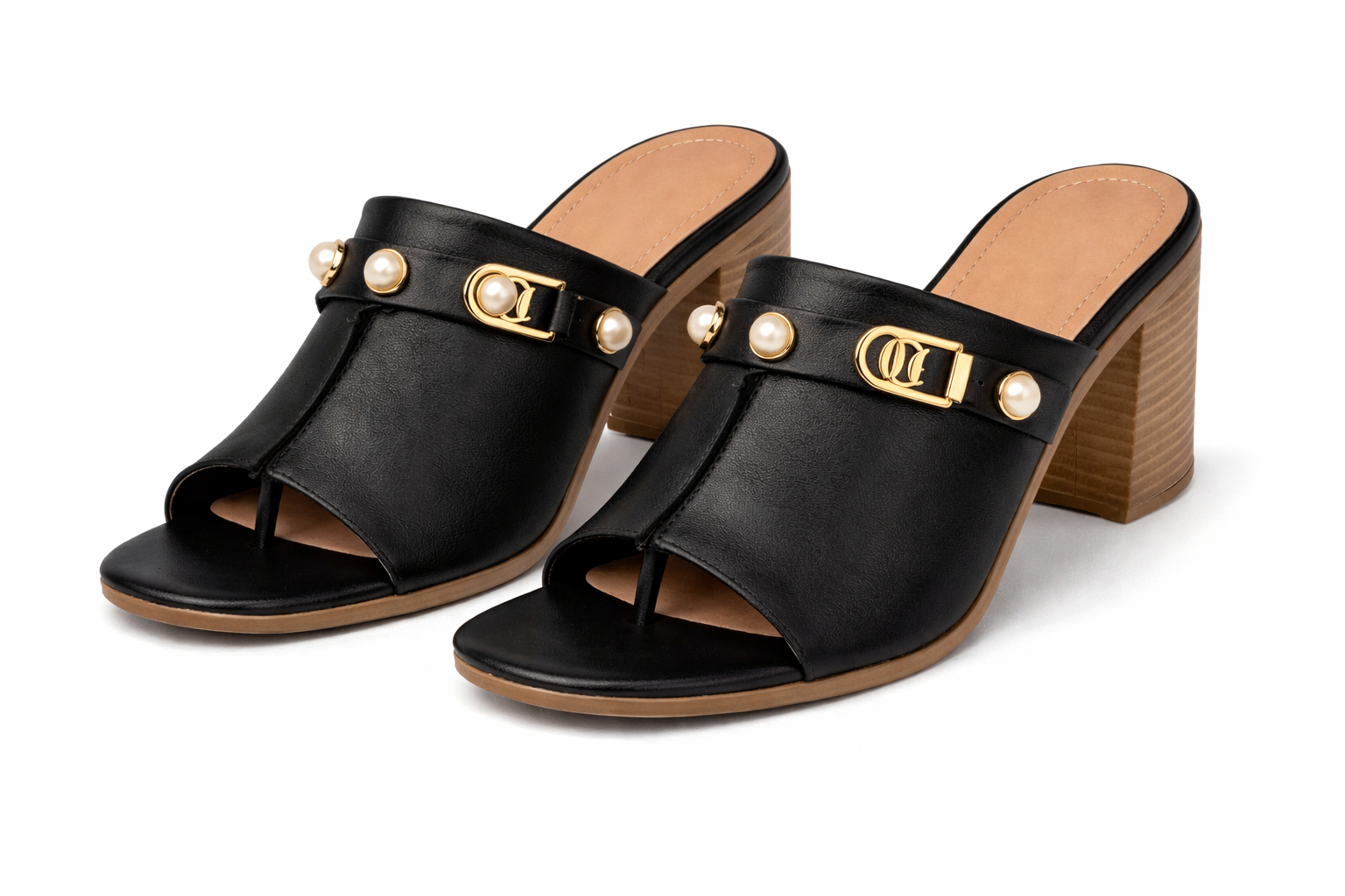 Quality Women Open Toe Studded Block Heel Slip On Sandals