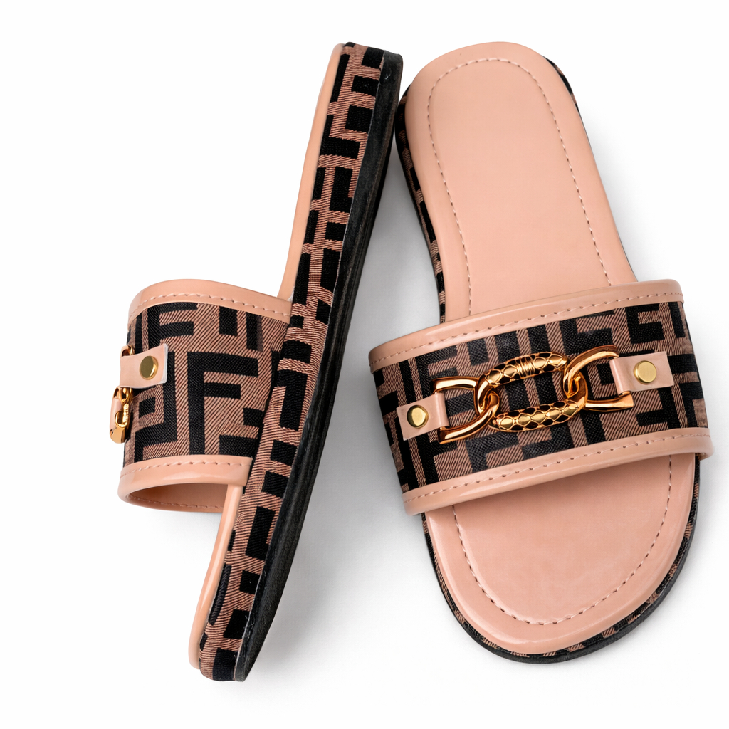 Womens Flat Slide Sandals with Patterned Strap and Metal Detail