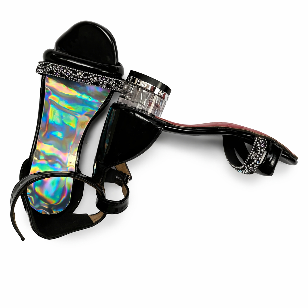 Women Open Toe block Heel Sandals with Ankle Strap and Rhinestone Detail