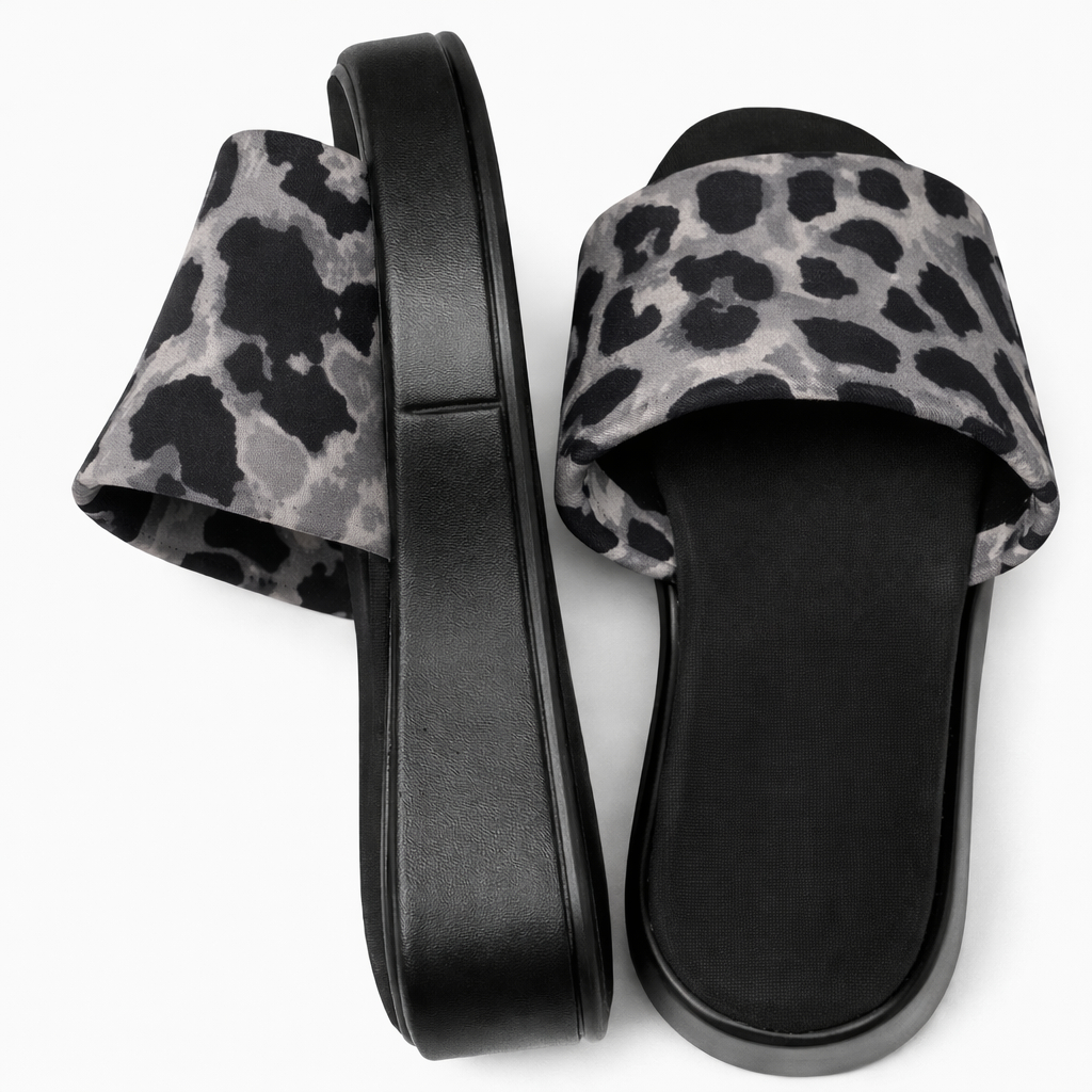 Womens Flat Slide Sandals with Animal Print Strap