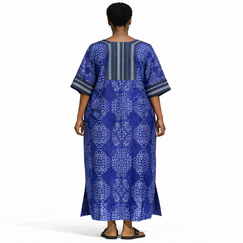 Women Blue Printed Maxi Kaftan Dress with V Neck Panel Loose Fit