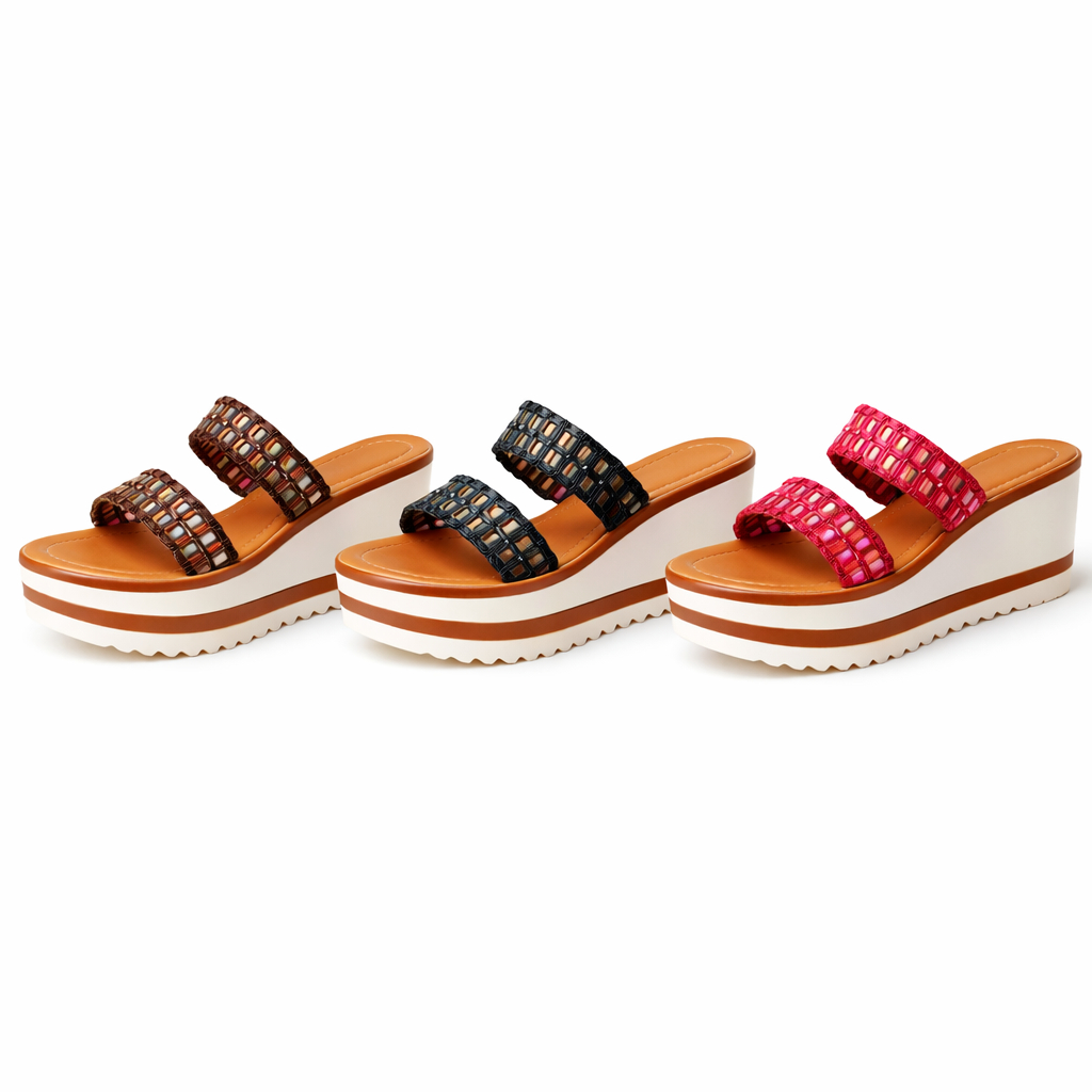 Womens Open Toe Wedge Sandals with Textured Straps