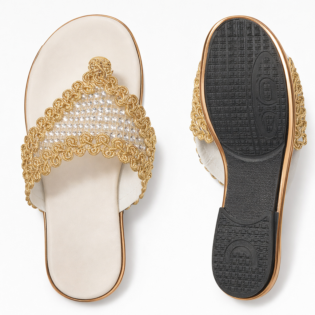 Womens Flat Slip On Sandals with Gold Embellished Strap