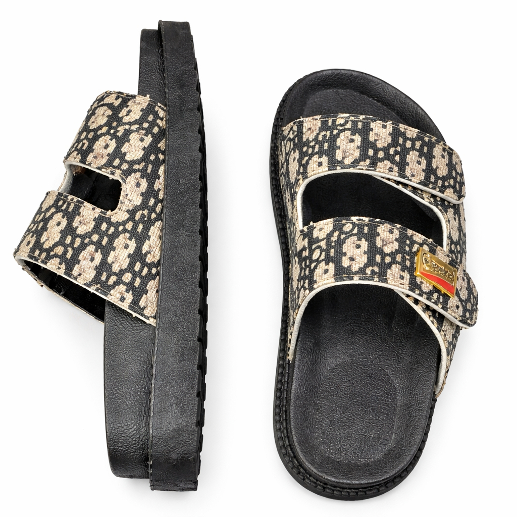 Quality Patterned Double Strap Open Toe Slip On Sandals