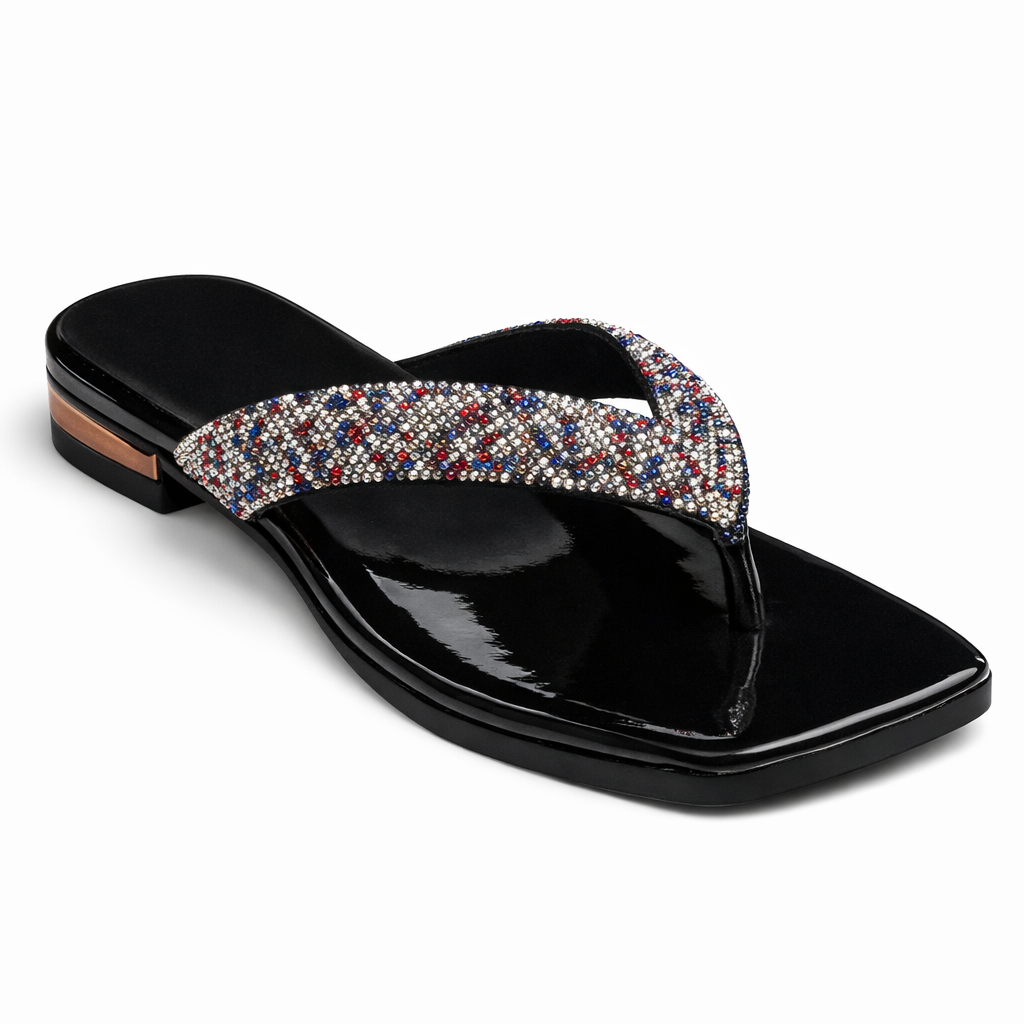 Women Embellished Flat Slide Sandals with rhinestone details