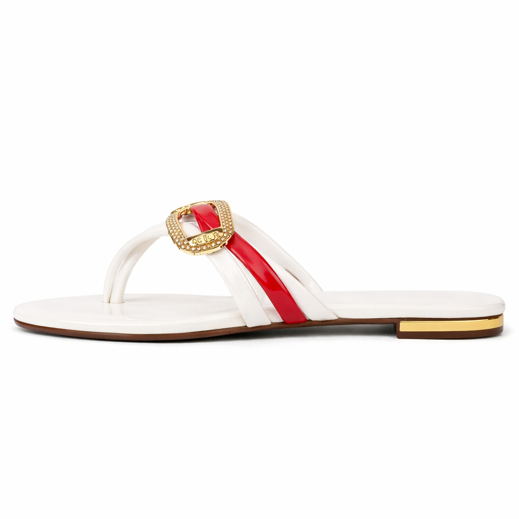 White Flat Slide Sandals with Red Accent Strap and Gold Buckle