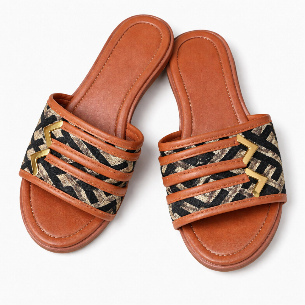 Flat SlipOn Sandals with Patterned Double Strap