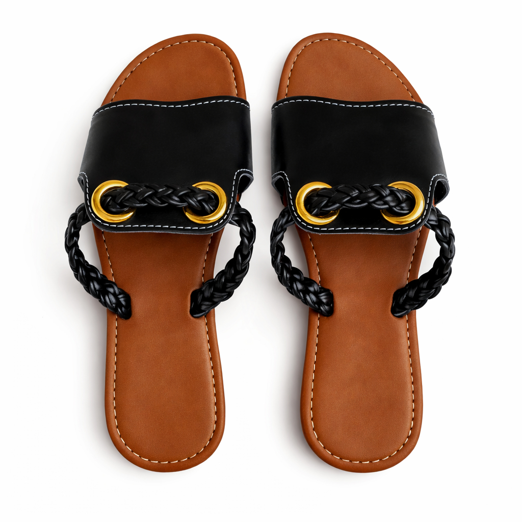 Elegant Braided Strap with golden accent Flat Slide Sandal