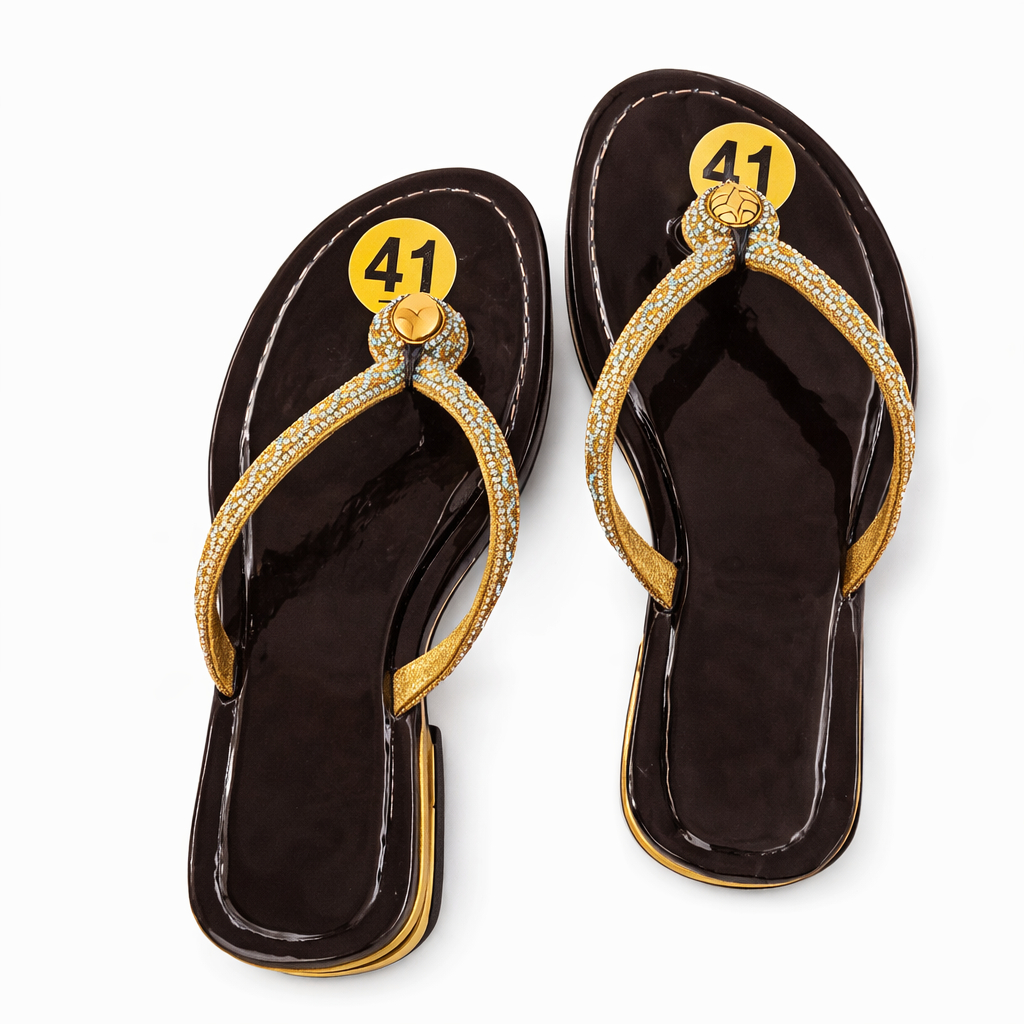 Quality glossy Embellished Flat Thong Slide Sandals