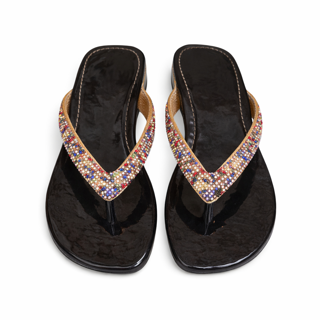 Embellished Flat Thong Sandals with Multicolor Stones