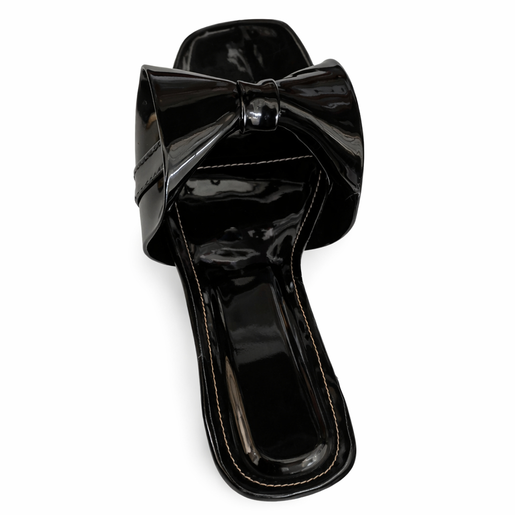 Glossy Bow Slide Sandals with Sculpted Heel
