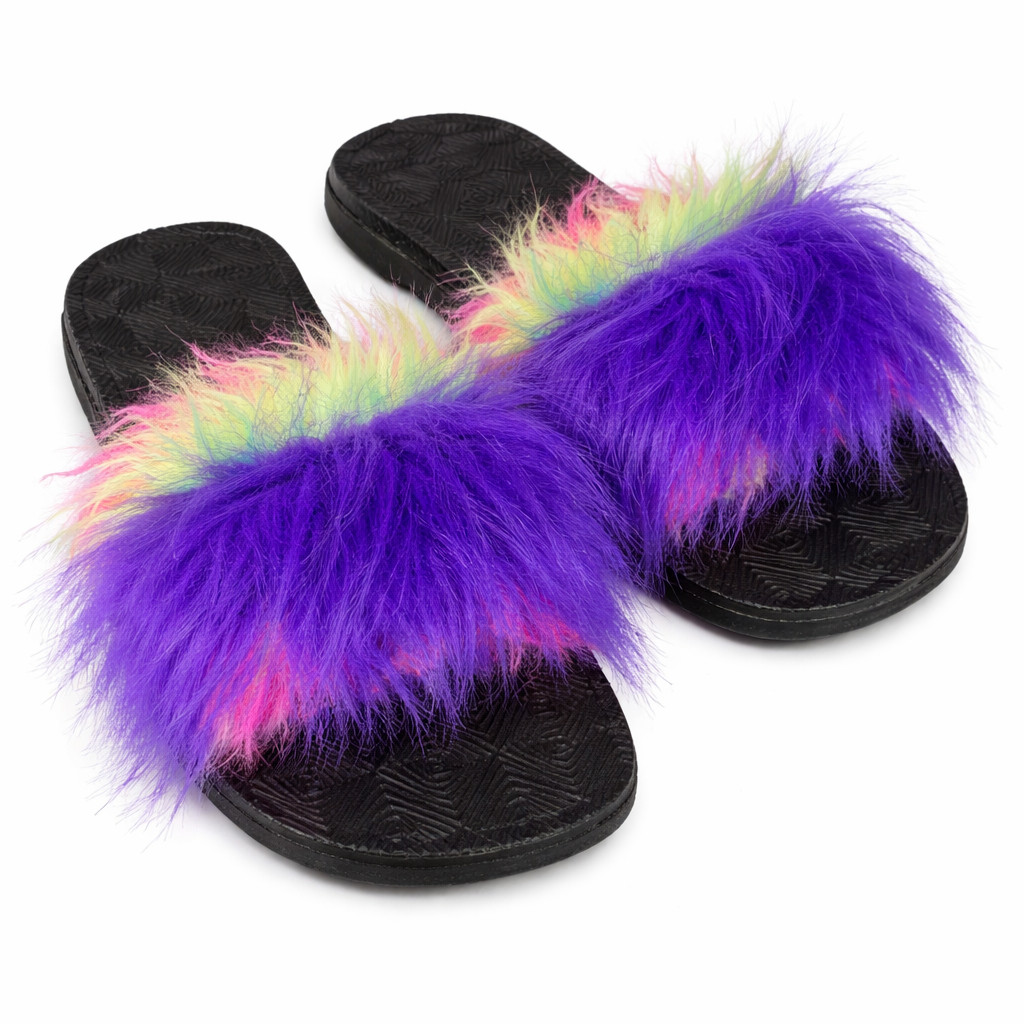 Colorful Faux Fur Slide Sandals with Flat Sole
