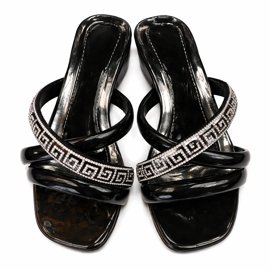 Womens Black Embellished Block Heel Slide Sandals